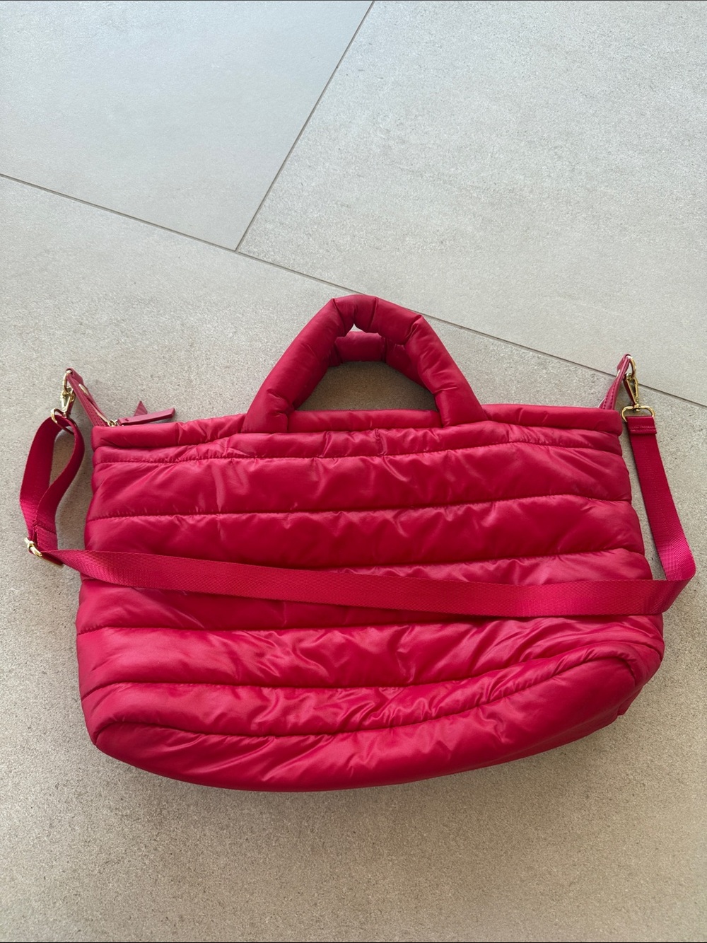 Estee Lauder Red/Pink Quilted Puffer Tote with Adjustable Strap